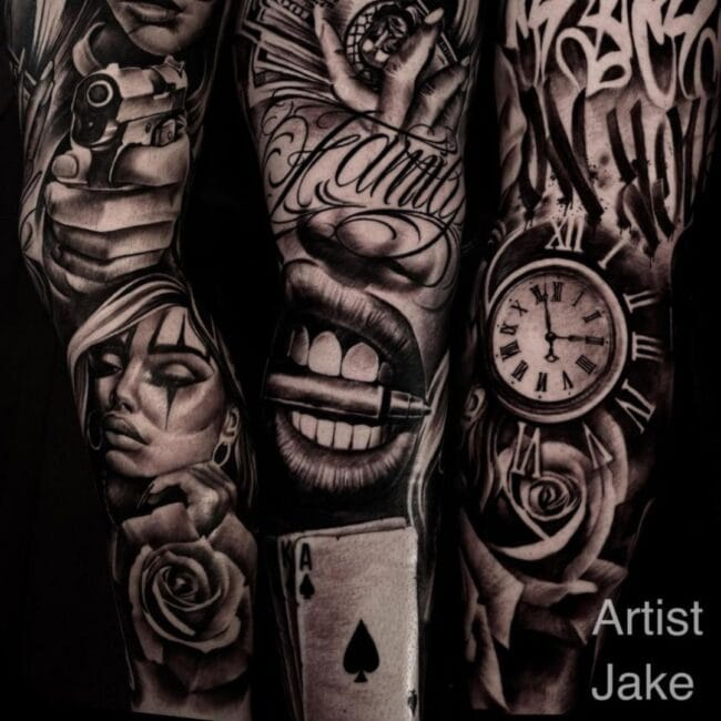Jake Tattoo Artist Chicano Black and Grey Gangster Flowers Woman Bullet Mouth Teeth Traditional Pocker Watch Graffitti Ace Playing Card Full Sleeve Arm Tattoo