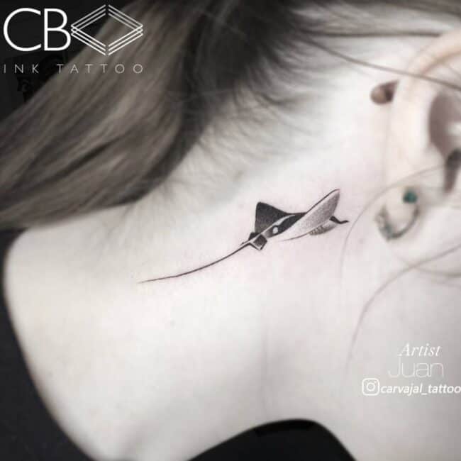 Juan Tattoo Artist Fine Line Black and Grey Stingray Flow Detailed Neck Tattoo