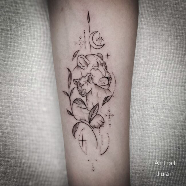 Juan Tattoo Artist Fine Line Puma Floral Patterns Around with Star Ornaments and Moon Symbol Forearm Tattoo