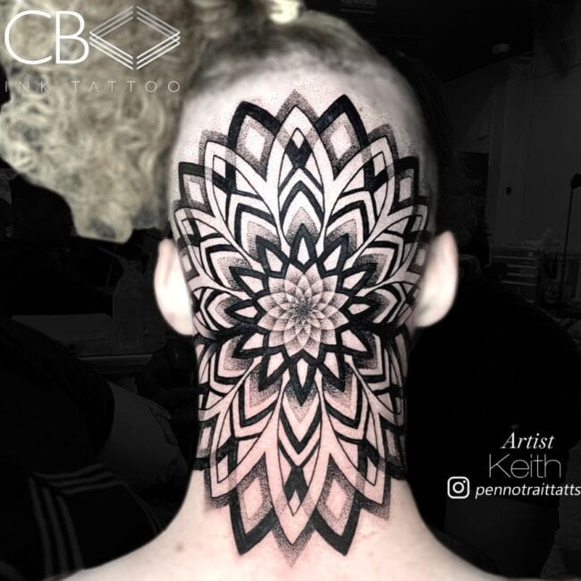 Keith Tattoo Artist Mandala Geometric Mandala Back of the Head and Neck Tattoo
