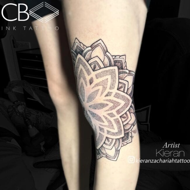 Kieran Tattoo Artist Mandala Geometric Dotwork Floral Pattern Knee Tattoo