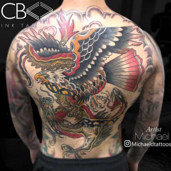 Michael Tattoo Artist Traditional Colour Full Body Bald Eagle Wings Spread Detailed Work Full Back Tattoo