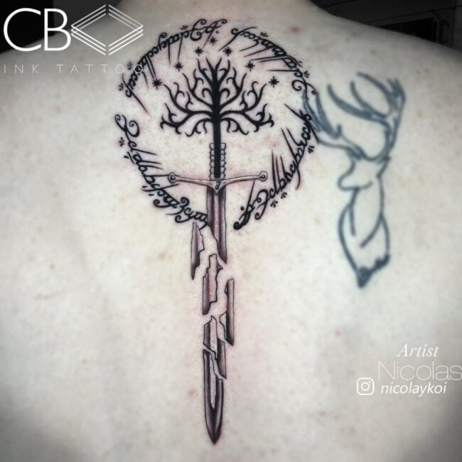 Nicolas Tattoo Artist Realism Fine Line Black and Grey eElvish Script Narsil the Sword Broken in Pieces Tree Back Tattoo