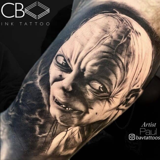 Paul Tattoo Artist Realism Black and Grey Gollum Detailed Portrait with Black Background The Lord of the Rings Arm Sleeve Tattoo