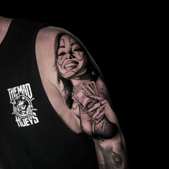 Penno Tattoo Artist Chicano Realism Black and Grey Woman Mid-Laugh Wearing Bra Holding Banknotes Half Sleeve Arm Tattoo