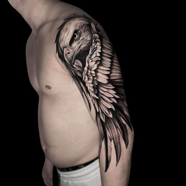 Penno Tattoo Artist Realism Black and Grey Bald Eagle Detailed Sharp Look and Detailed Wings and Feathers Half Sleeve Arm Tattoo