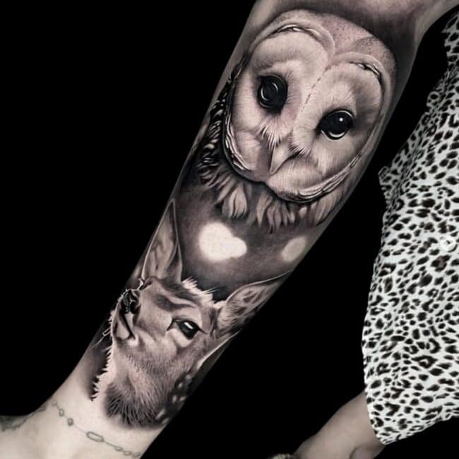 Penno Tattoo Artist Realism Black and Grey Detailed Owl Dark Eyes Detailed Deer Antlers Shading Leg Tattoo