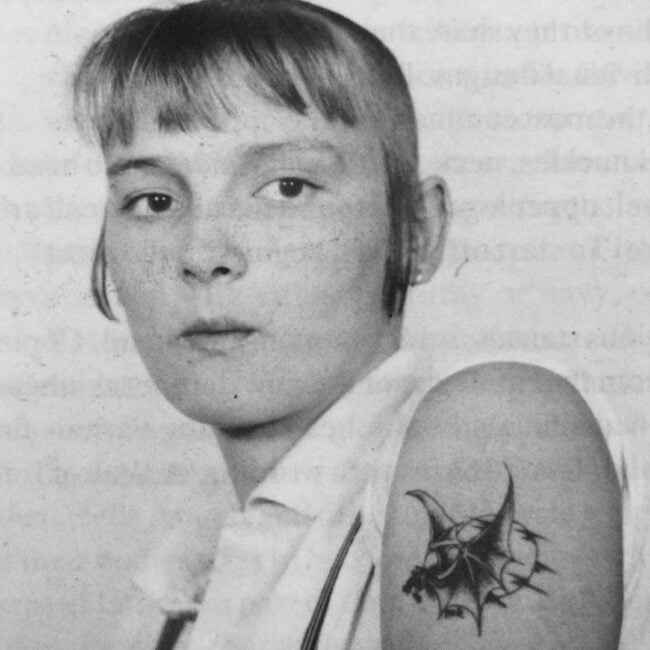 Punk Girl, England, 1988, A Girl Showing Off Hear Shoulder Tattoo, Black and White Photo