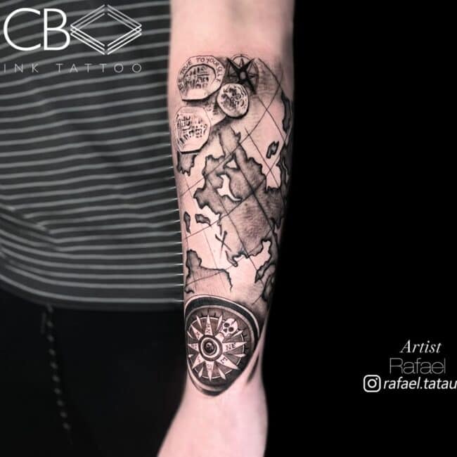 Rafael Tattoo Artist Black and Grey Blackwork Forearm Compass & World Map Forearm Tattoo