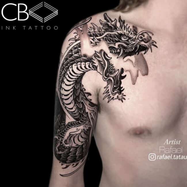 Rafael Tattoo Artist Black and Grey Detailed Fire-Breathing Dragon Arm Shoulder Tattoo