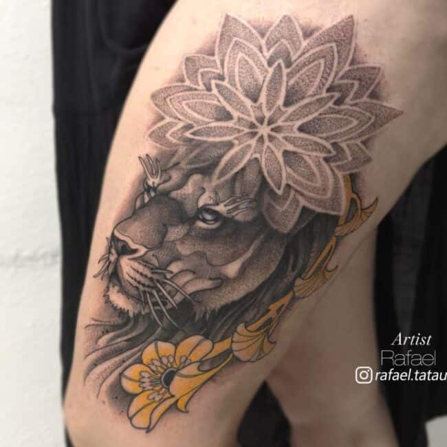 Rafael Tattoo Artist Black and Grey Realism Mandala Geometric Lion with Floral Patterns and Mandala Geometric Elements Leg Tattoo