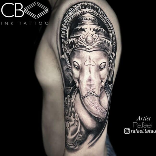 Rafael Tattoo Artist Blackwork Elephant Ganesha Portrait Distinctive Details Crown Eyes Ornaments on Trunk Sleeve Arm Tattoo