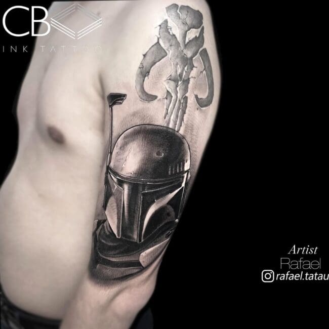 Rafael Tattoo Artist Realism Black and Grey Star Wars Boba Fett Bust Detailed Portrait Arm Tattoo