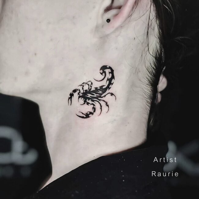 Raurie Tattoo Artist Blackwork Small Scorpion with Sharp Elements Neck Tattoo