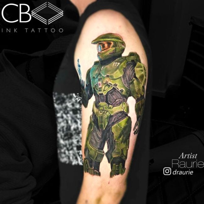 Raurie Tattoo Artist Colour Pop Culture Halo Master Chief Full Armor Helmet Green Sleeve Arm Tattoo