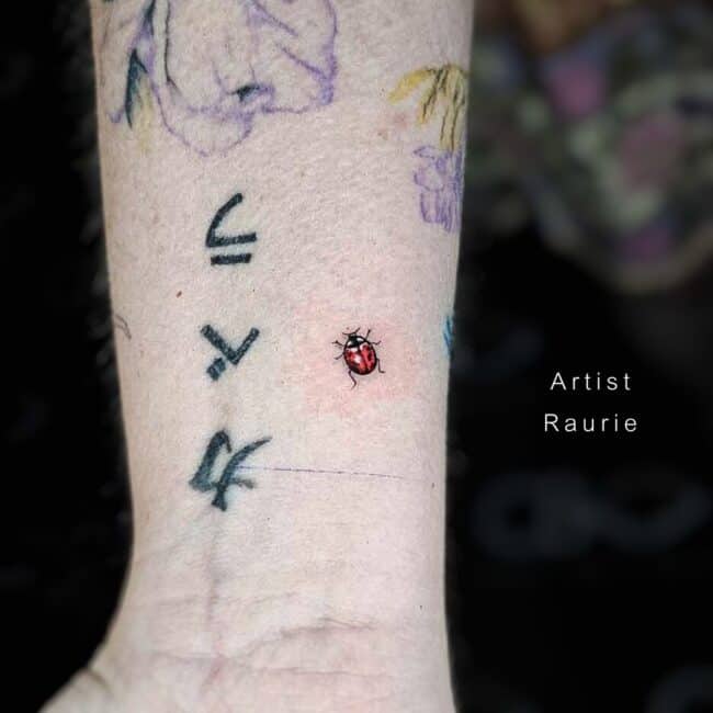 Raurie Tattoo Artist Colour Red Ladybug with Black Dots on Back Six Legs Small Forearm Tattoo