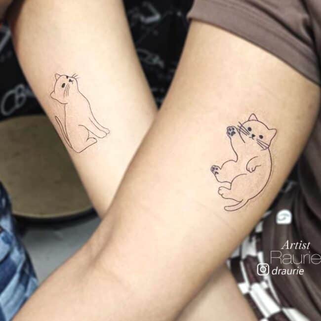 Raurie Tattoo Artist Fine Line Wawing Cat Mewing Cat Sitting Matching Arm Tattoo