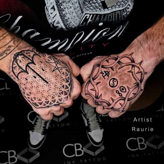 Raurie Tattoo Artist Mandala Geometric Fine Line Realism Thorn Circle Yin Yang Eye Umbrella Mandala Hands Tattoo