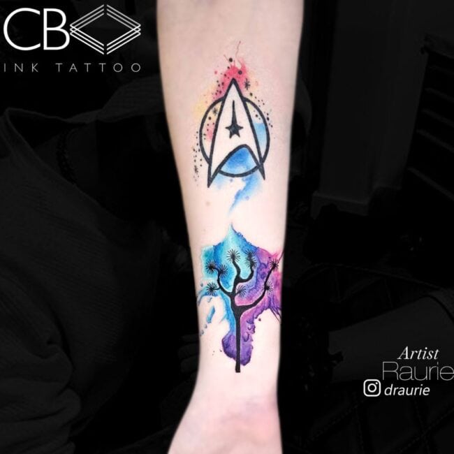 Raurie Tattoo Artist Watercolour Star Trek The Starfleet Insignia with Watercolour Background Forearm Tattoo