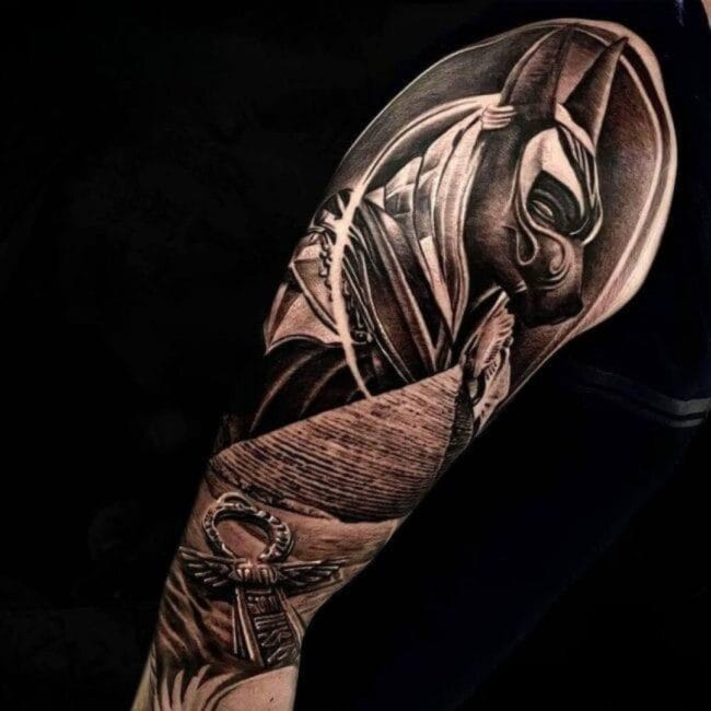 Realism Black and Grey Anubis Pyramid Ankh Full Arm Sleeve Tattoo
