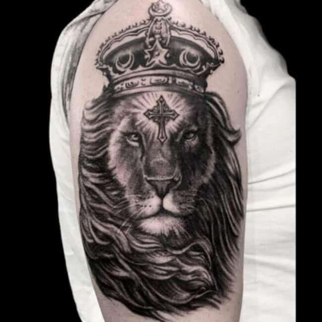 Realism Black and Grey Lion Mane Cross Crown Arm Tattoo
