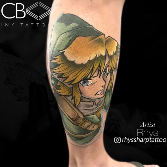 Rhys Tattoo Artist Anime Cartoon Pop Culture Legend of Zelda Link Character Fight Mode Green Outfit Ankle Tattoo