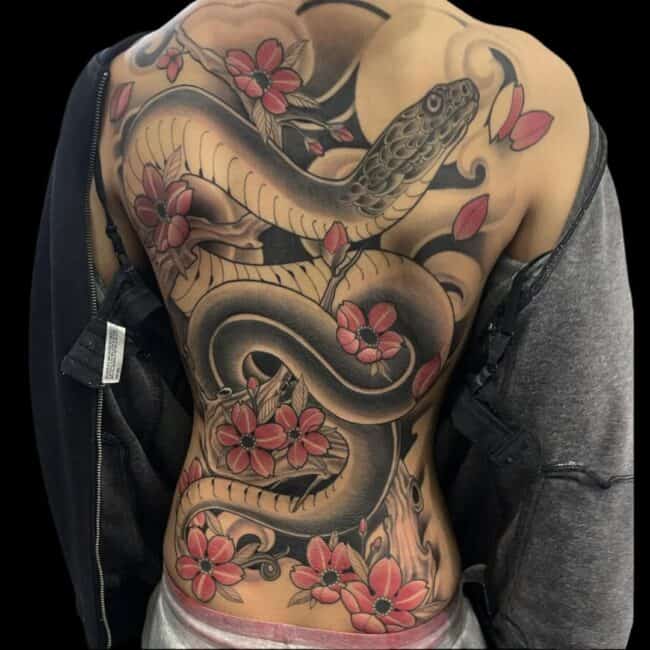 Rhys Tattoo Artist Japanese Black and Grey Colour Detailed Snake Floral Cherry Blossoms Full Back Tattoo
