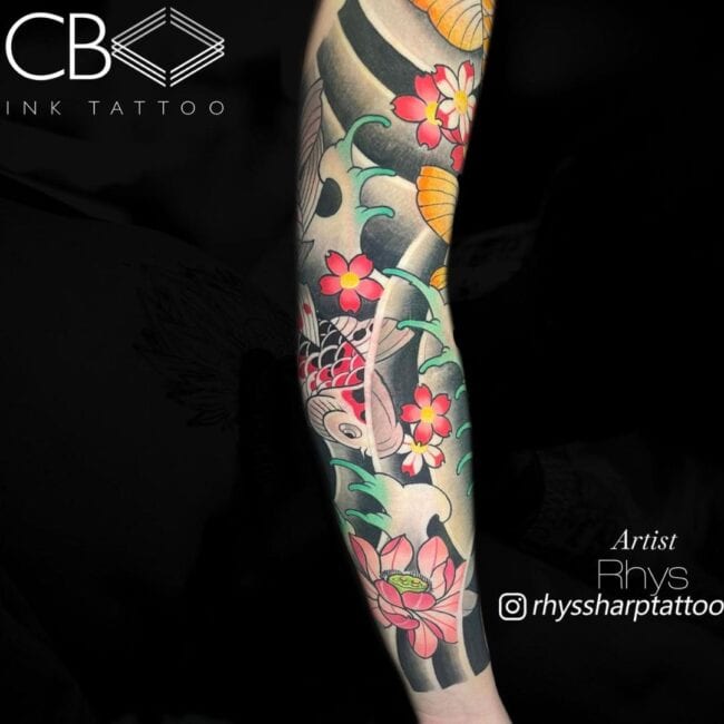 Rhys Tattoo Artist Japanese Colour Koi Fish Lotos Flower Wave Patterns Floral Patterns Abstract Background Full Arm Sleeve Tattoo