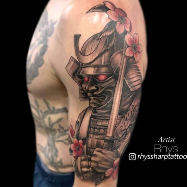 Rhys Tattoo Artist Japanese Colour Samurai with Helmet On Holding Katana Sleeve Arm Tattoo