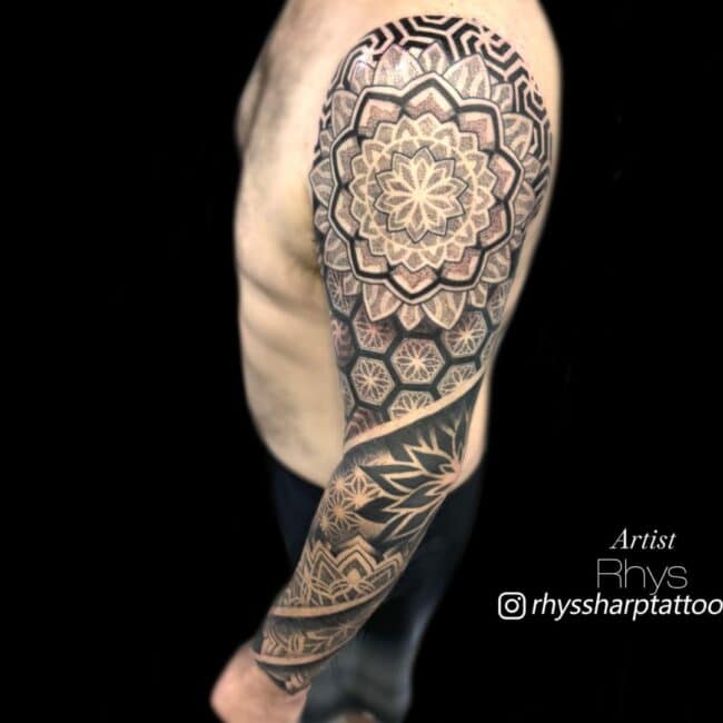 Rhys Tattoo Artist Mandala Geometric Floral Cubic abstract Patterns Full Arm Sleeve Tattoo