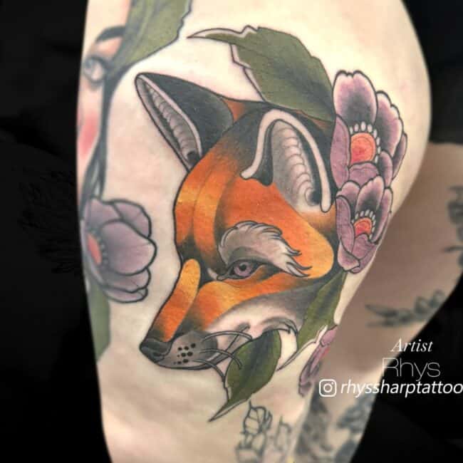 Rhys Tattoo Artist Neo Traditional Colour Orange Fox Head Distinctive Facial Features Floral Pattern Flowers Around Head Thigh Leg Tattoo