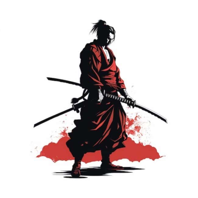 Samurai No Armor Two Katanas Red Kimono Red Mountain Background Image
