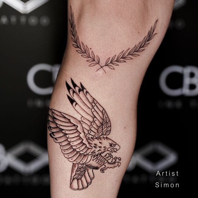 Simon Tattoo Artist Fine Line Black and Grey Bald Eagle Flying Hunting Talons Detailed Wings Forearm Tattoo