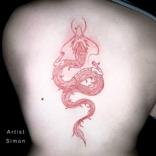 Simon Tattoo Artist Traditional Red Chinese Dragon Distinctive Tail Scales Head Back Tattoo