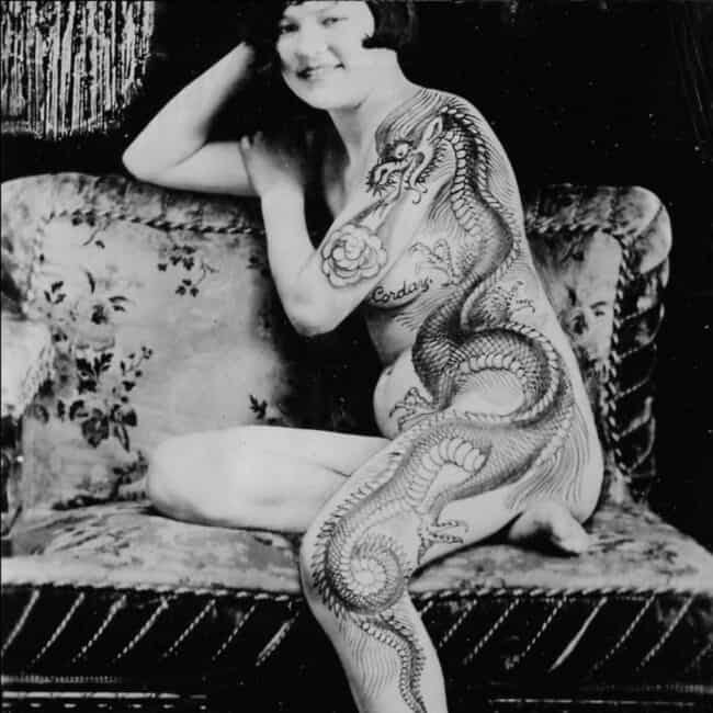 Tattooed Showgirl, USA, 1920s, A Girl Posing With Full Body Tattoos Black and White Photo