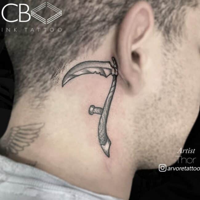 Thor Tattoo Artist Traditional Black and Grey Scythe Neck Tattoo