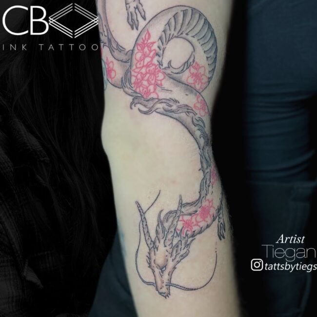 Tiegan Tattoo Artist Fine Line Colour Detailed Chinese Dragon Red Floral Patterns Arm Wrapping Tattoo