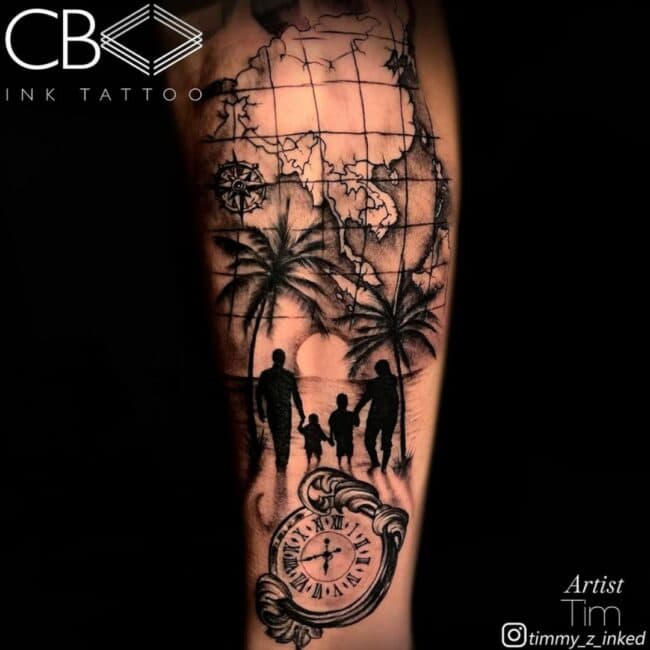 Tim Tattoo Artist Black and Grey Realism Blackwork Family Walking on a Beach at Sunset with a Compass & Map of Asia Arm Tattoo