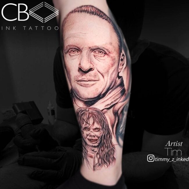 Tim Tattoo Artist Realism Colour The Silence of the Lambs Hannibal Lecter Portrait with Chianti Portrait Calf Tattoo