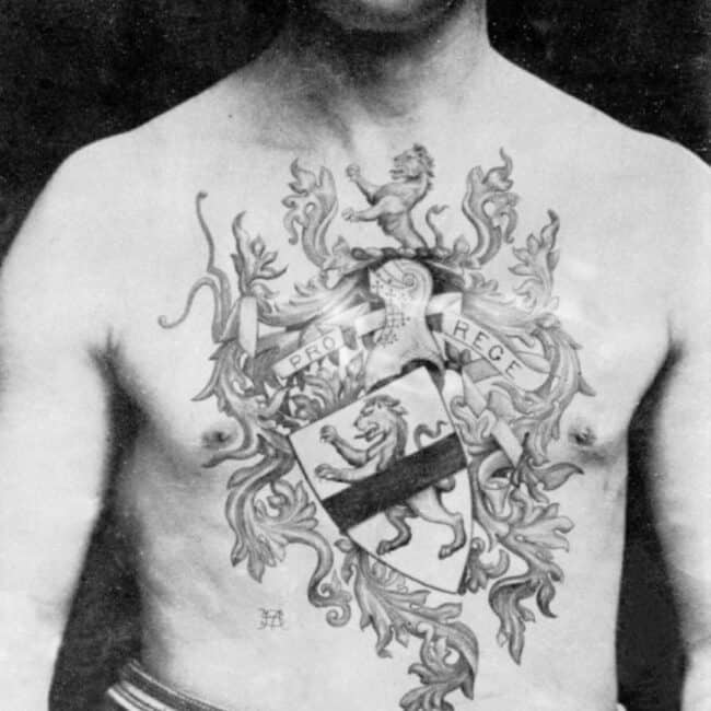 Victorian Man Showing Off His Crest Chest Tattoo, Black And White Photo