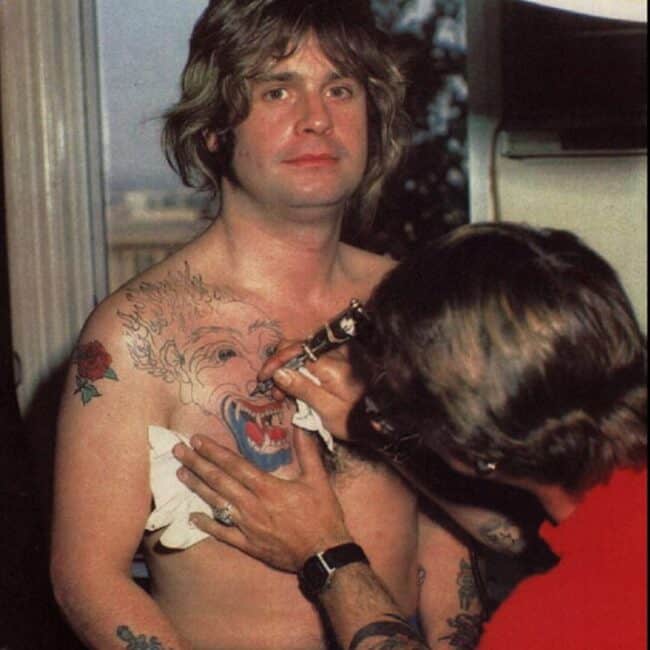 Young Ozzy Osbourne Getting Chest Tattoo Old Camera Photo