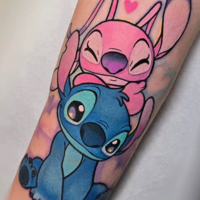 Anime Cartoon Colour Lilo & Stitch Stitch and Angel Posing Together Forearm Tattoo