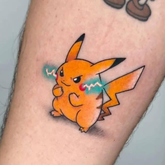 Anime Cartoon Colour Pokémon Pikachu Smiling Battle Pose Forearm Tattoo