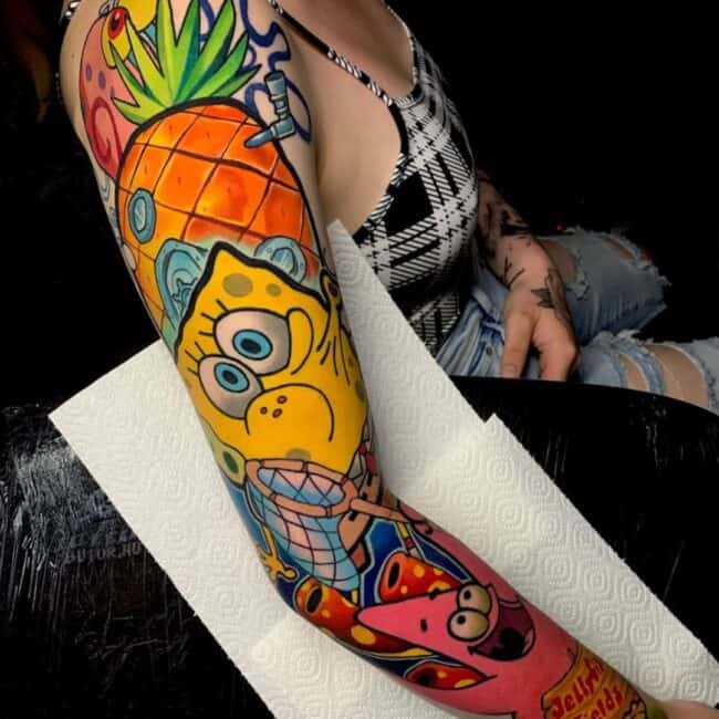 Anime Cartoon Colour Spongebob Squarepants Spongebob Patrick Pineapple House Jellyfish Fields Sign Full Arm Sleeve Tattoo