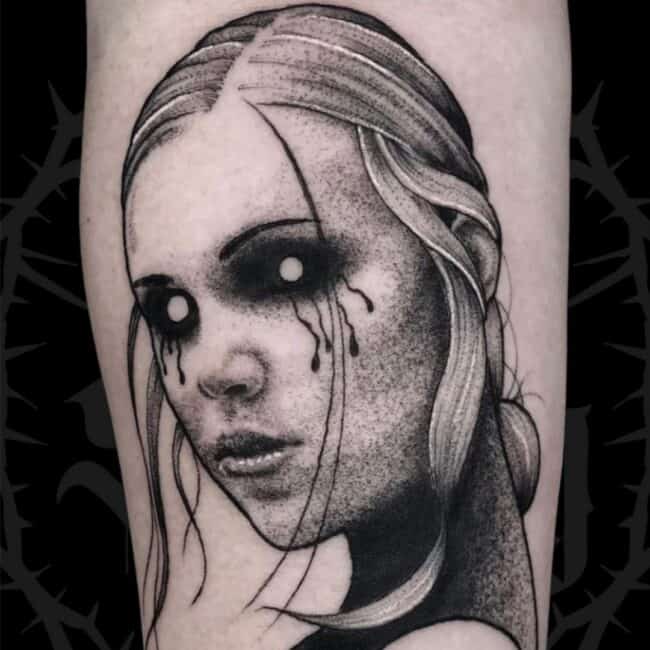 Black and Grey Gothic Dark Art Girl Head Blood Tears Leg Dark Eyes Calf Tattoo