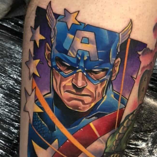 Colour Cartoon Comic Book Captain America Battle Stance Portrait Forearm Tattoo
