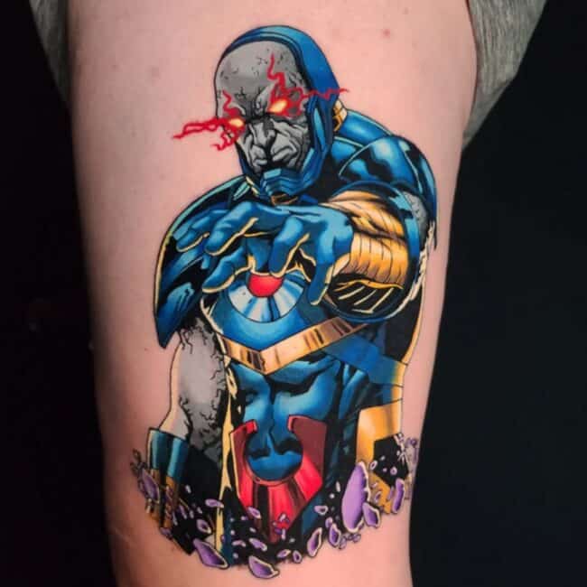 Colour Cartoon Comic Book Darkseid in Dramatic Battle Pose Thigh Tattoo