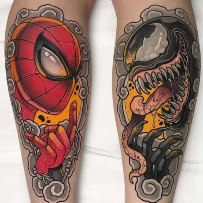 Colour Cartoon Left Calf Spider-Man Tattoo Right Calf Venom Tattoo The Two Tattoos Are Facing Each Other Calf Tattoos