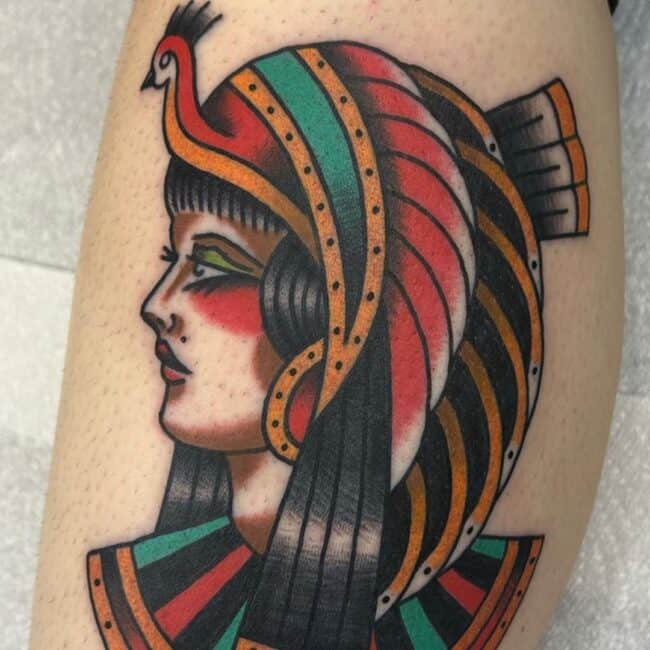 Colour Egyptian Regal Inspired Ancient Peacock on Head Bold Leg Calf Tattoo