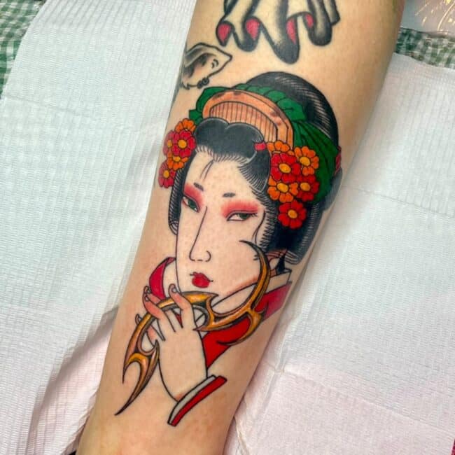 Colour Geisha Japanese Girl Headdress Flowers Hair Fierce Expression Forearm Tattoo